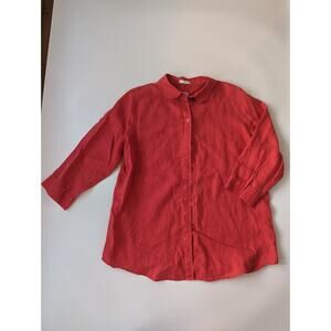 Chicos Size 1 No-Iron 100% Linen Pink/Red Button Down Collared Top